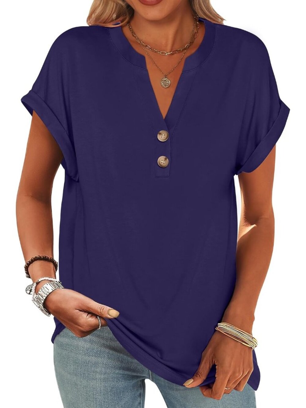 Women's Dark Blue Summer Short Sleeve Henley V Neck Dressy Fashion Top Blouses